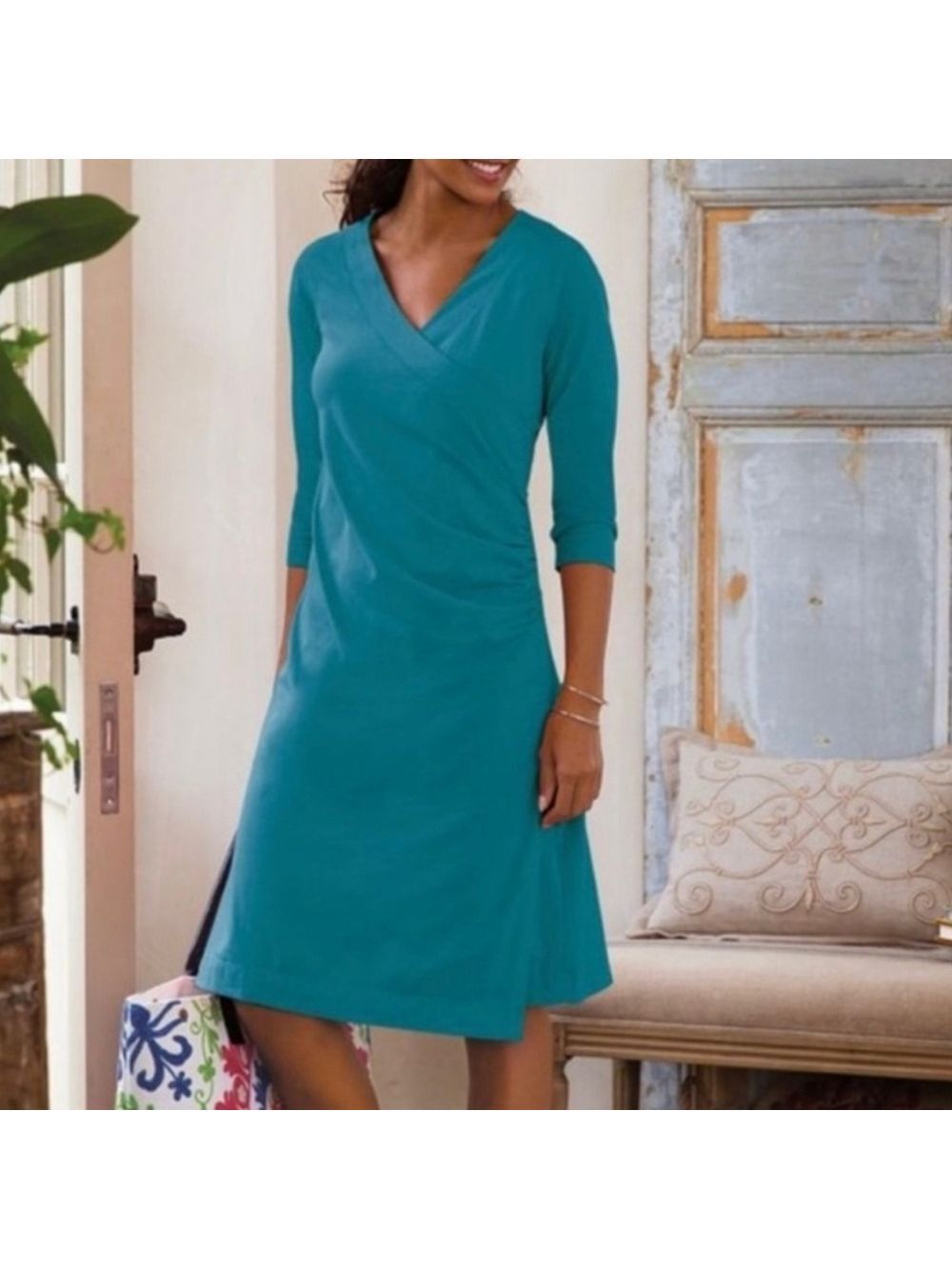 Soft Surroundings Where Anywhere Faux Wrap Ruched Side Midi Dress, Size S
